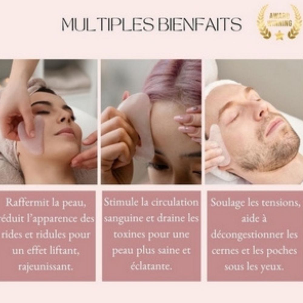 Gua Sha en pierre quartz rose + housse