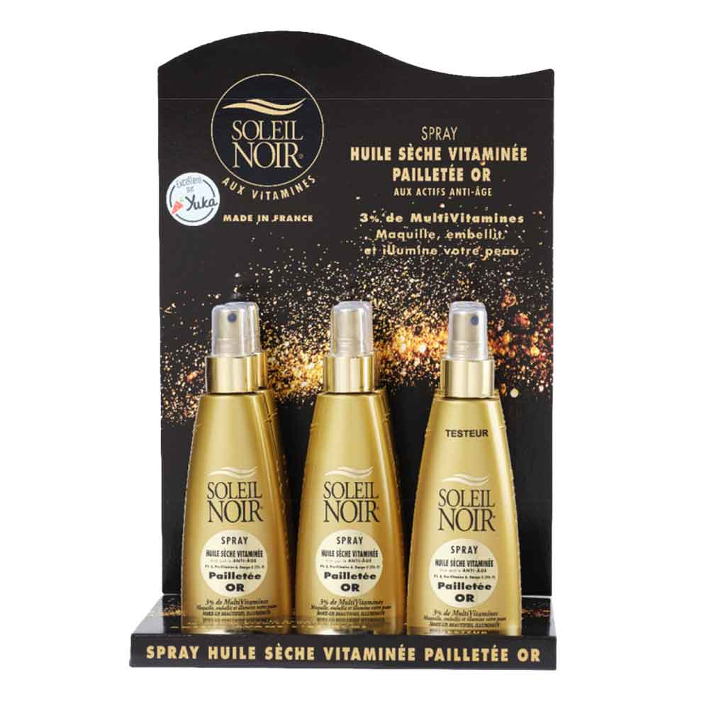 Présentoir pour 6 Spray Huile sèche Pailletée Or + 1 Spray Offert