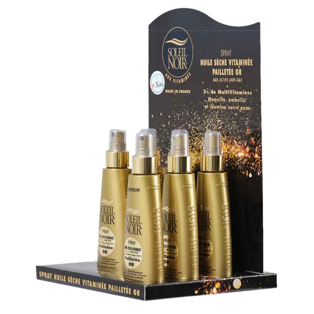 Présentoir pour 6 Spray Huile sèche Pailletée Or + 1 Spray Offert