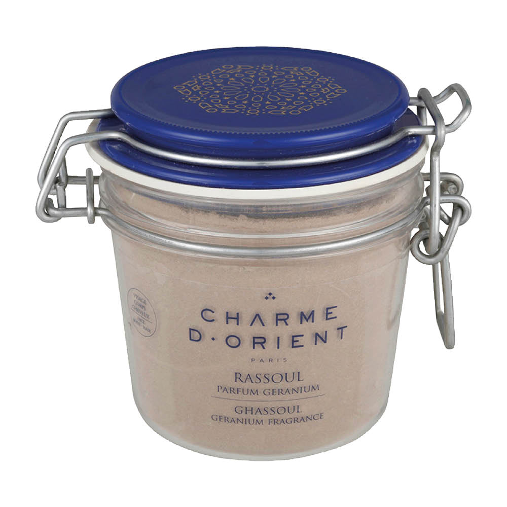 Rhassoul en poudre parfum géranium pour enveloppement