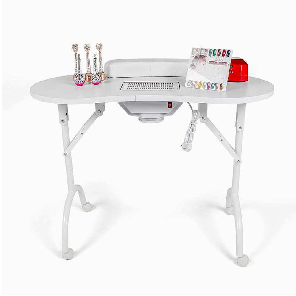 Table manucure pliante - blanc - 4 roues - aspirateur